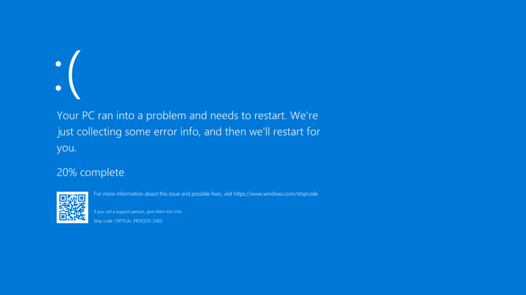 Blue screen of windows screen showing PC ran into trouble.