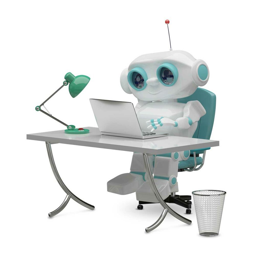 RPA bot working with laptop from office desk