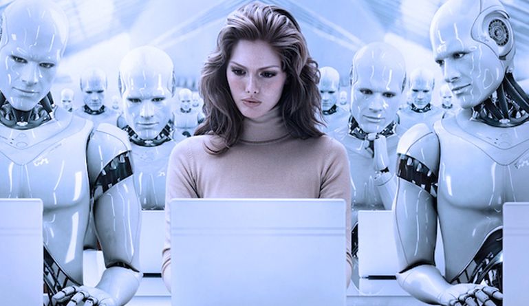Female software engineer programming robots to auto screen candidates.