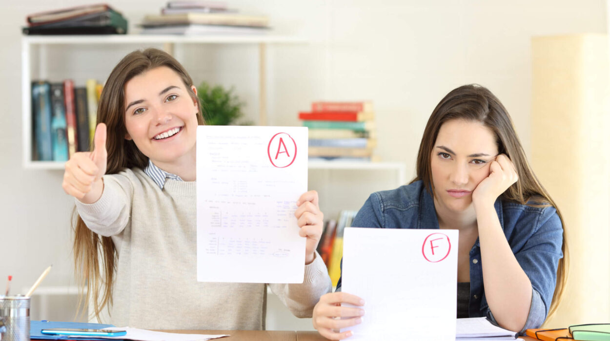 Two happy and frustrated students with approved and falied exams looking at you