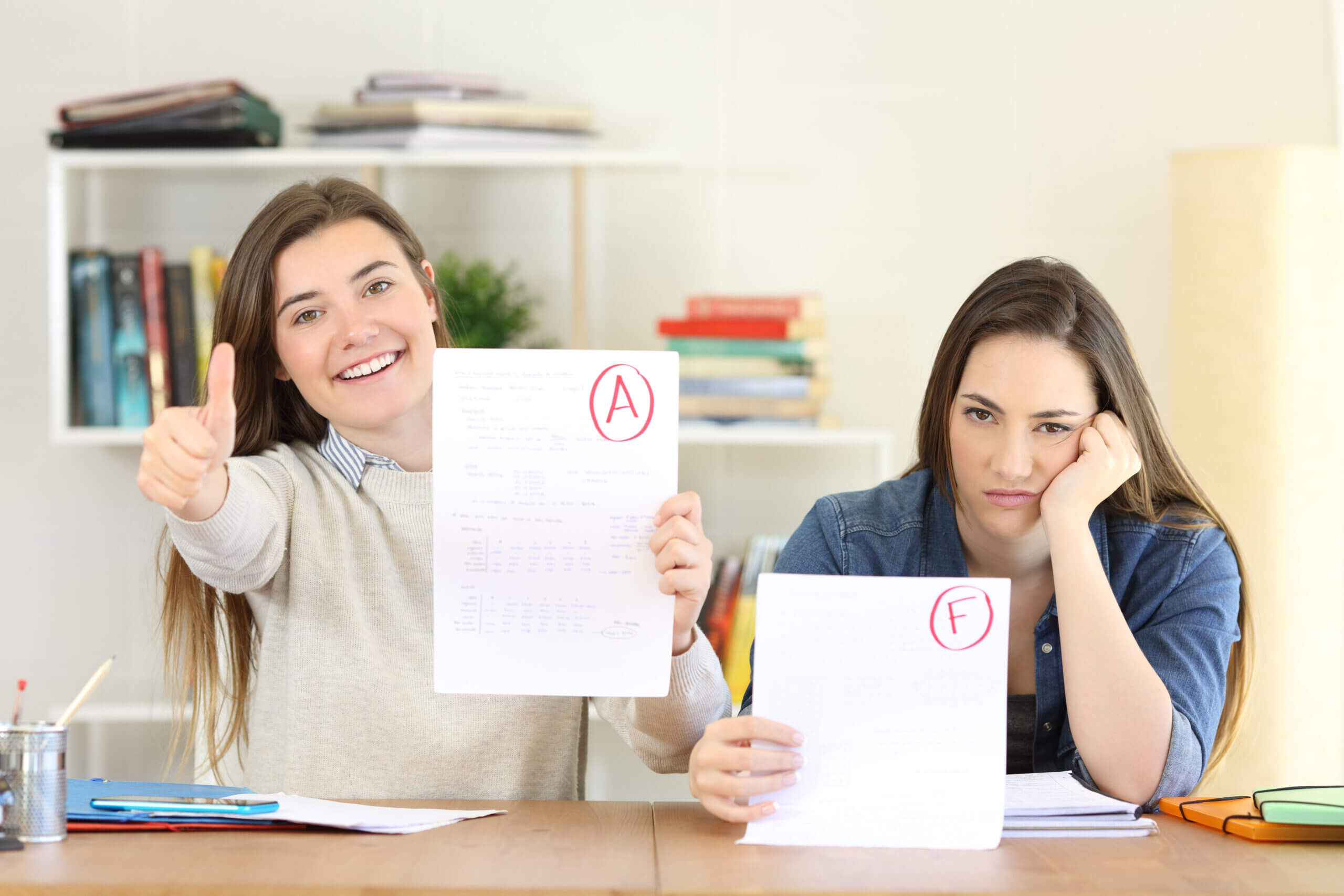 Two happy and frustrated students with approved and falied exams looking at you