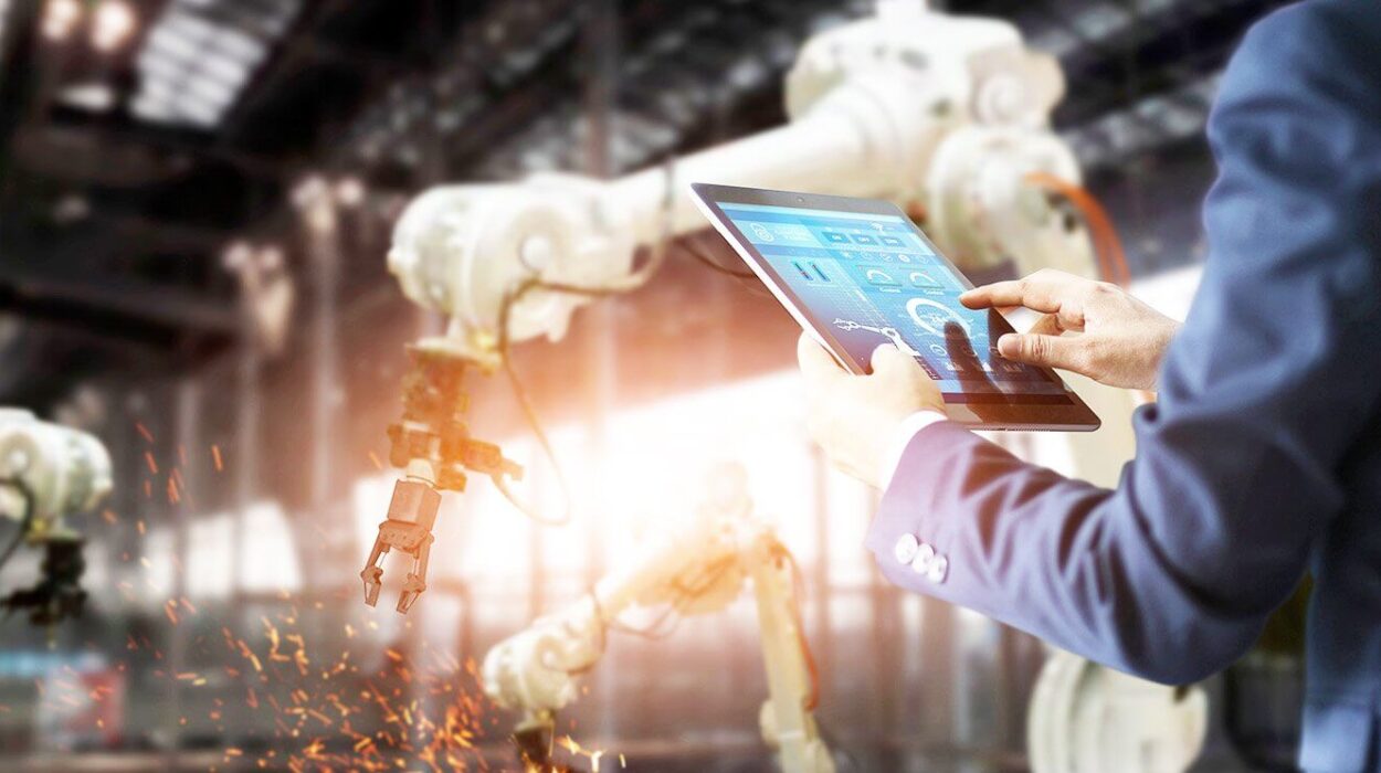 Digital art of a person holding tablet with clouds in background. RPA process automation