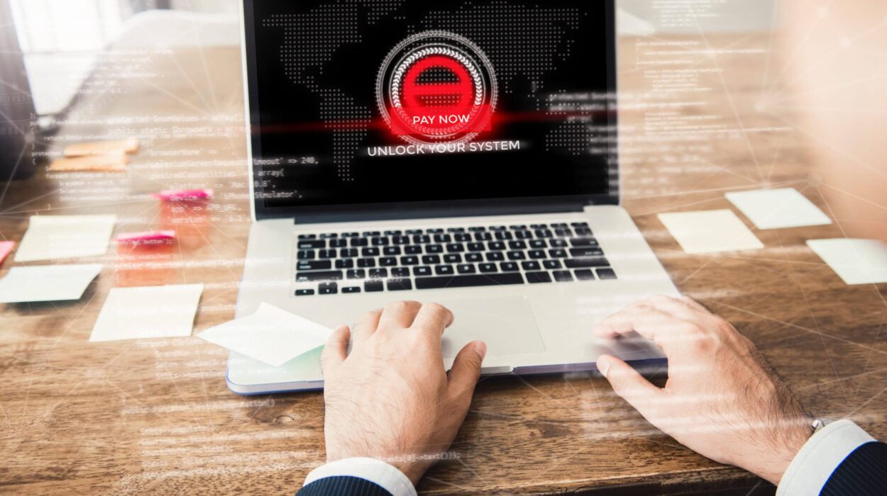 Laptop computer with the system being locked by ransomware cyber attack.