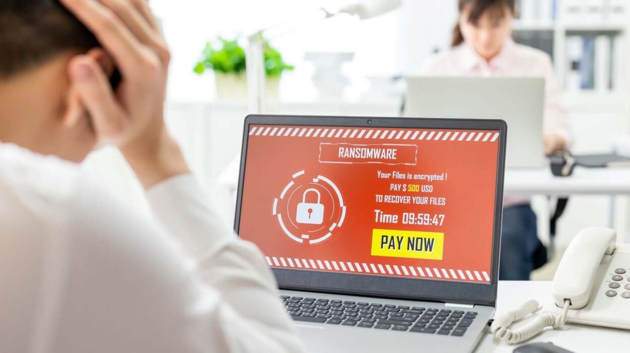 frustrated employee with ransomware attack on laptop.