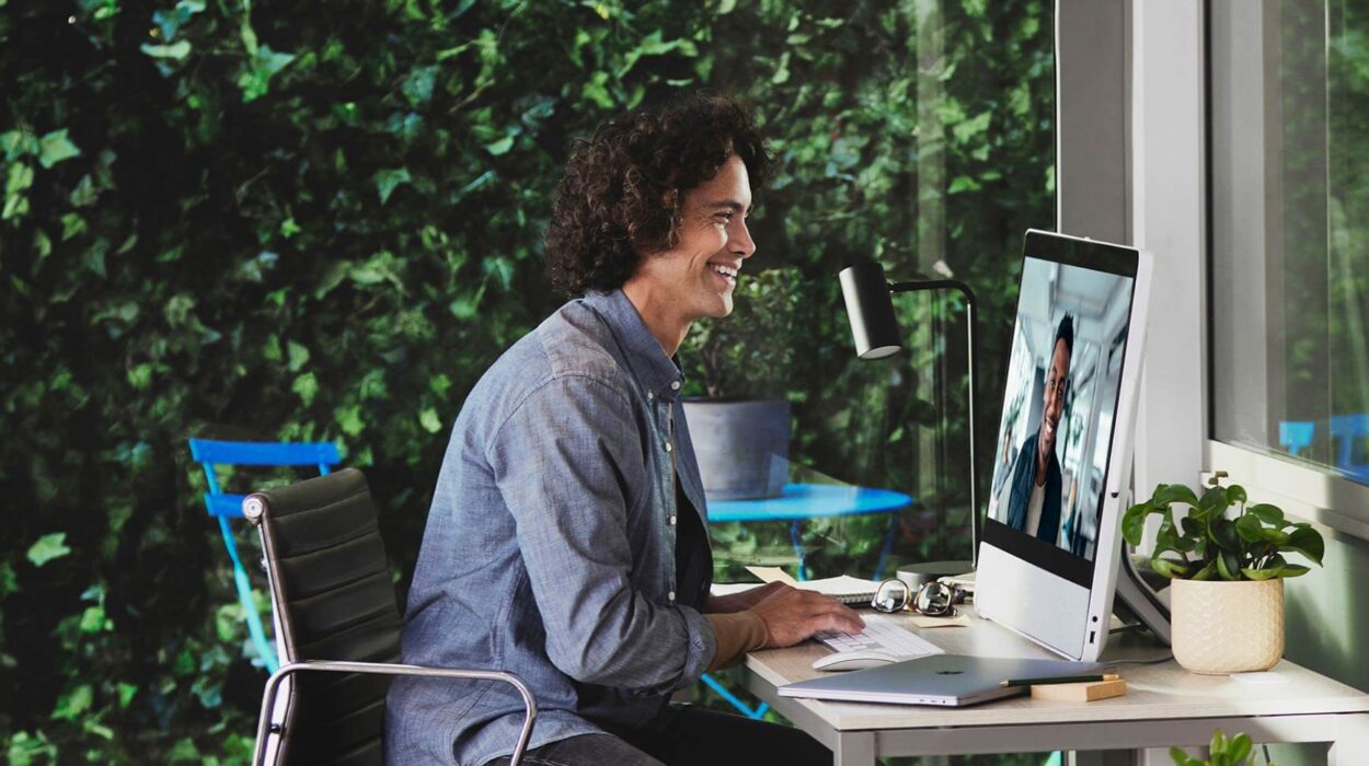 Happy employee using work collaboration with team