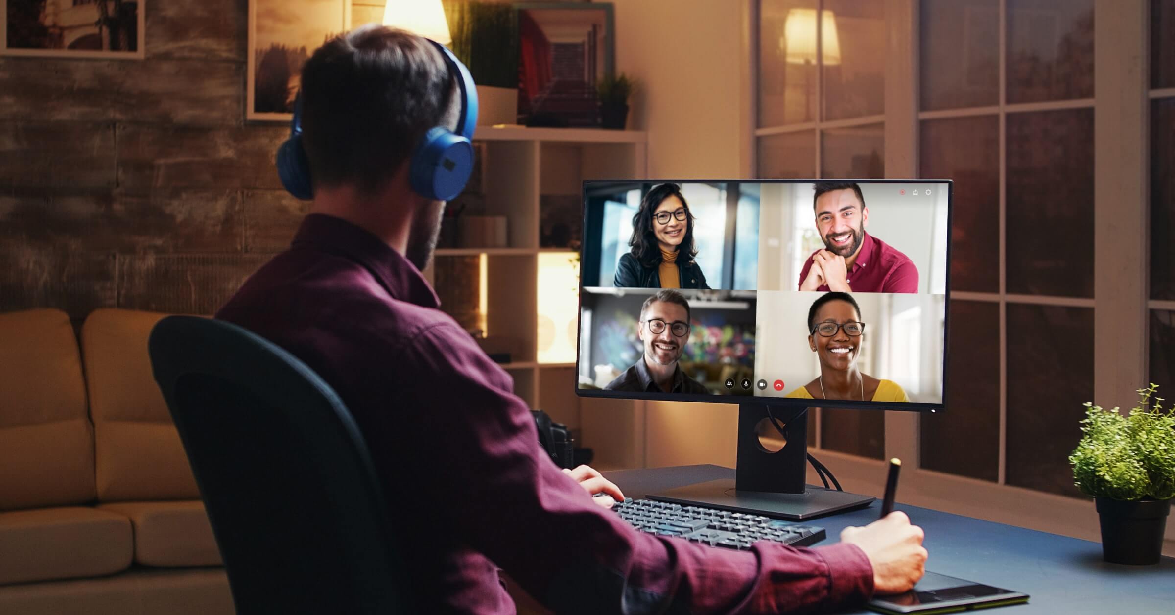a man working remotely and talking to his teammates through Microsoft Teams