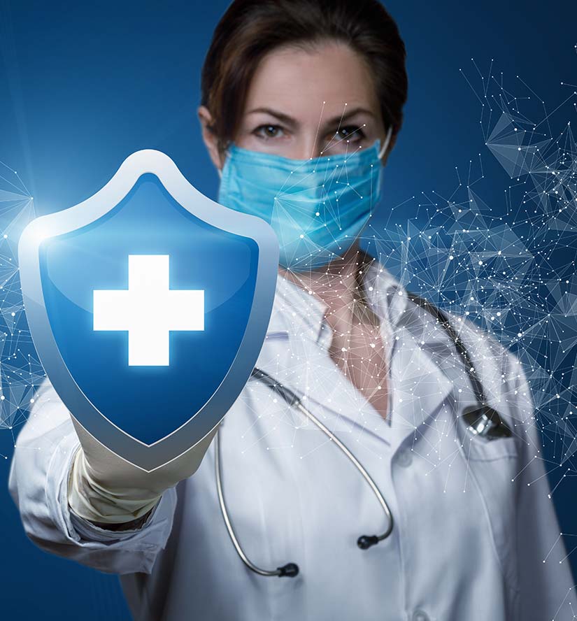 Healthcare doctor wearing mask and holding medical symbol.